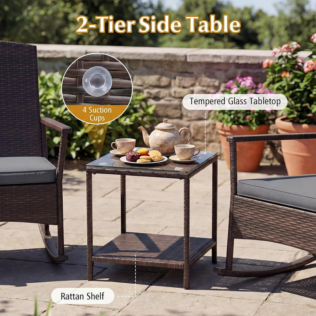 ORALNER 3 Pieces Patio Rocking Chair, Wicker Bistro Set w/Cushions (Gray)