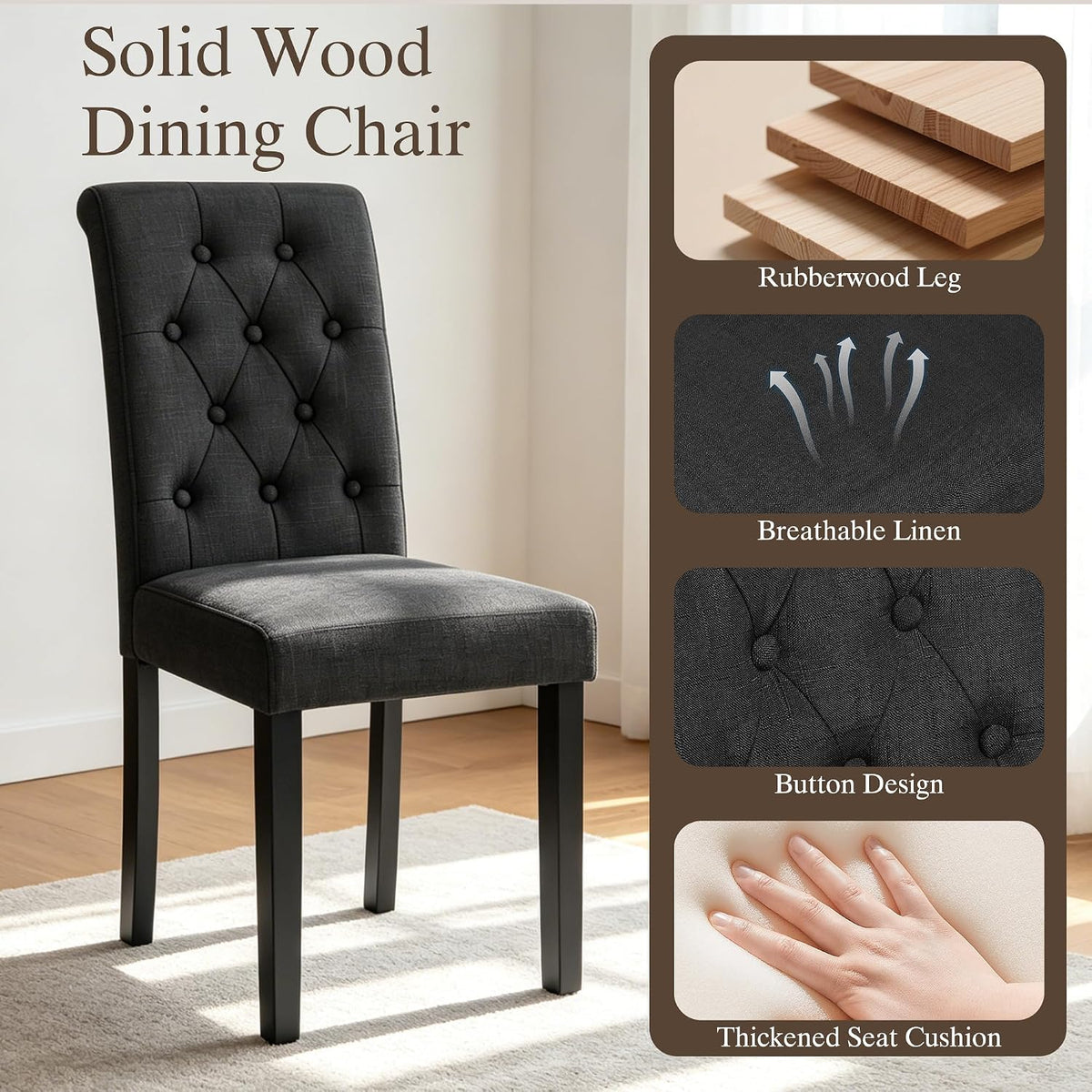 LSSBOUGHT Set of 4 Modern Tufted Dining Chairs, Button Padded Fabric Chairs with Solid Wood Legs, Upholstered Armless Dining Side Chairs for Home Dining Room(Charcoal,No Table)