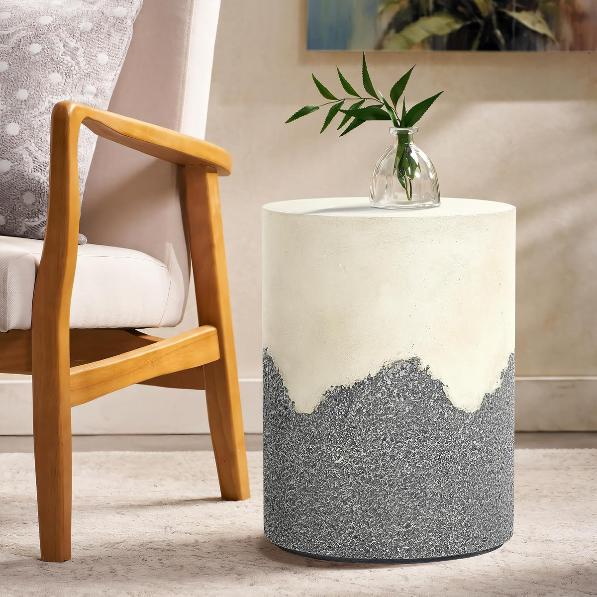 LuxenHome 18" Gray and Cream Cement Outdoor Side Table, Patio End Table