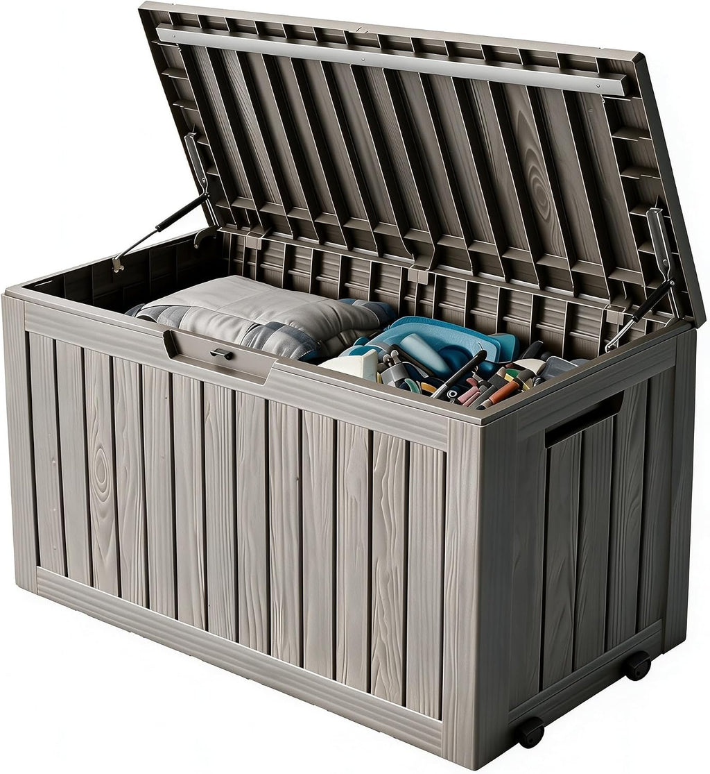 92 Gal Deck Box,Waterproof Resin Outdoor Storage Gas Lift,Lockable Grey