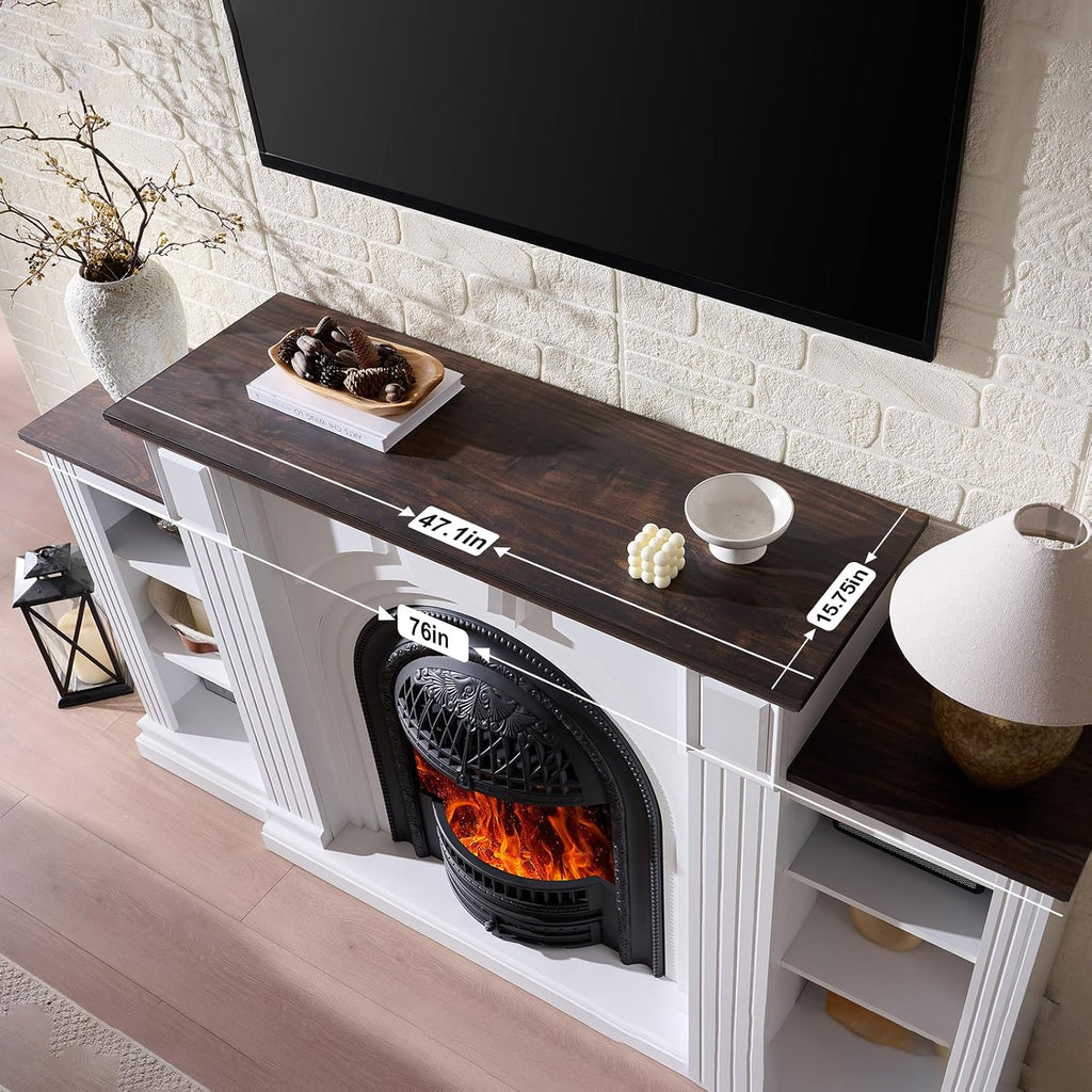 Farmhouse Electric Fireplace with Mantel, 76" Fireplace TV Stand Entertainment Center for TVs up to 90'', Fireplace Heater Media Console, 30" Fire Place Insert Heater for Living Room, Bedroom