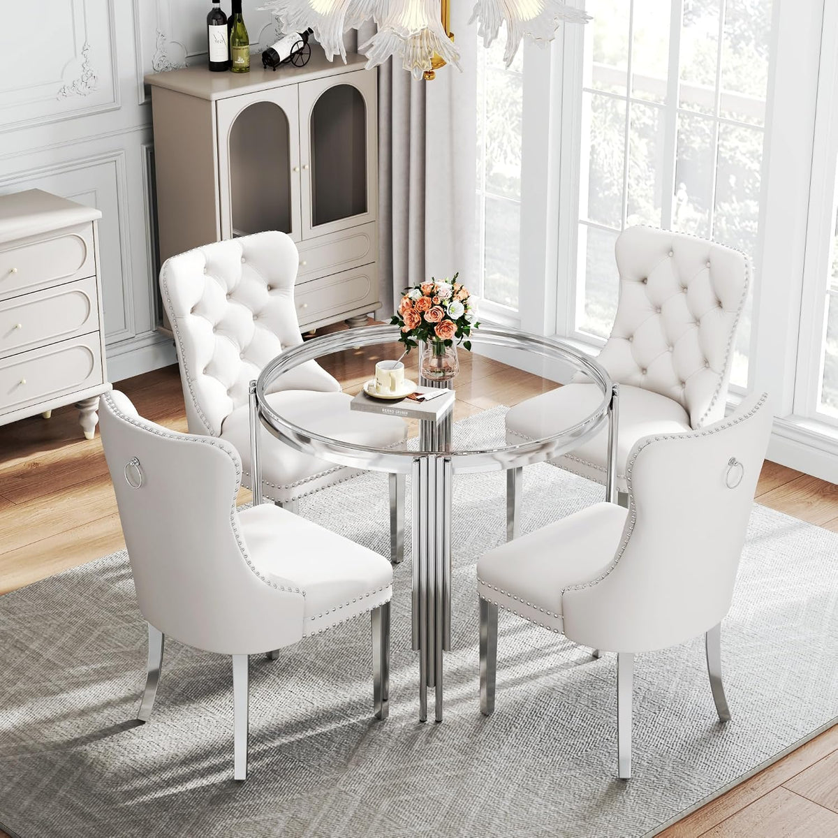 Luxury Round Glass Silver Dining Table Set for 4, 5-Piece Modern Kitchen Table Set with 4 White Velvet Chairs for Kitchen Dining Room Apartment