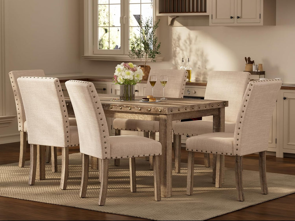 Modern Fort 7-Piece Farmhouse Dining Table Set for 6, 60" Rectangular Wood Dining Table with 6 Upholstered Chairs, Nailhead Trim, Kitchen Table with Chairs Set for Dining Room & Breakfast Nook