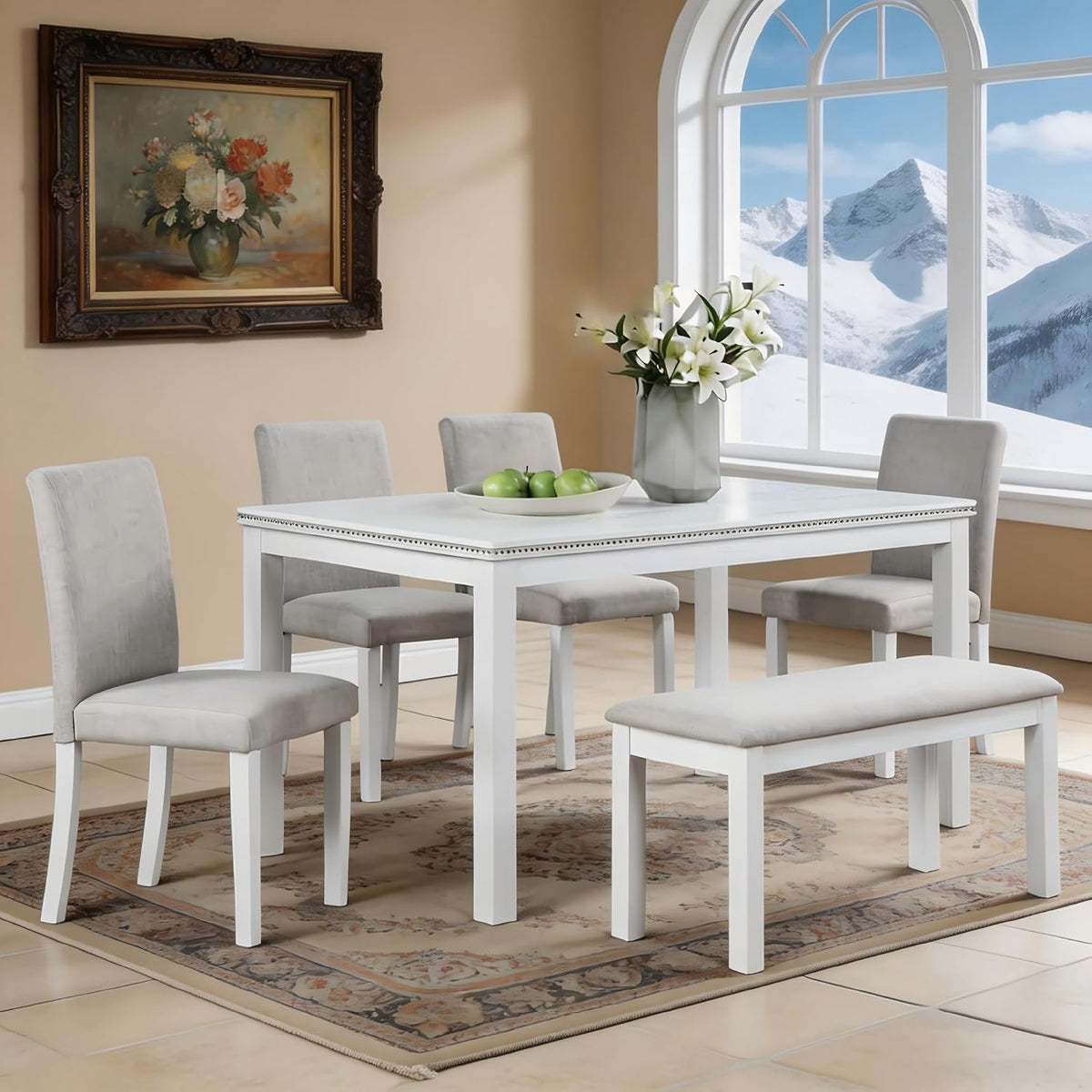 LUMISOL 6-Piece Dining Table Set for 6, Solid Wood Kitchen Table Set with 4 Upholstered Chairs & Bench for Kitchen, Dining Room, Living Room, White