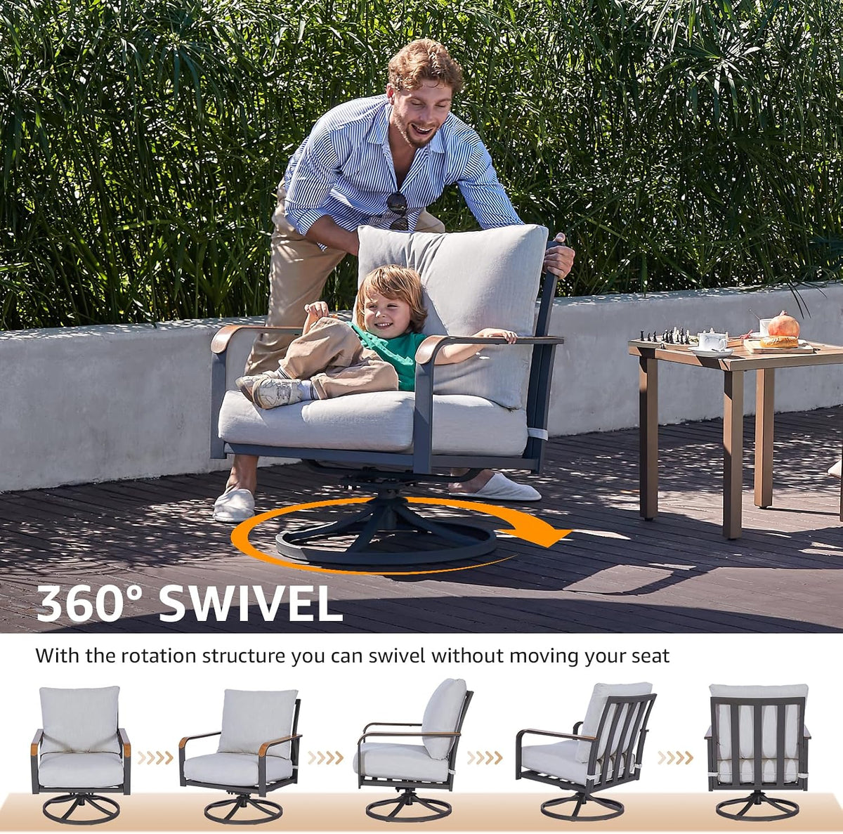 NATURAL EXPRESSIONS Patio Swivel Chairs Set of 2,Outdoor Rocker Chairs Set with 6" Thick Cushions Patio Bistro Set with Wood Grain Metal Table for Backyard Porch Balcony Deck 350lbs Light Grey