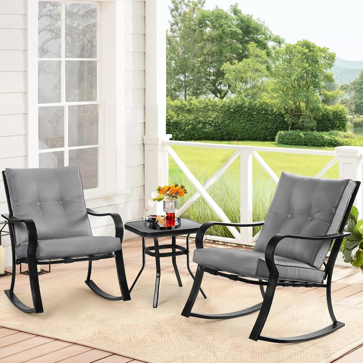 SOLAURA 3-Piece Outdoor Rocking Chairs Bistro Set, Black Iron Patio Furniture with Gray Thickened Cushion & Glass-Top Coffee Table