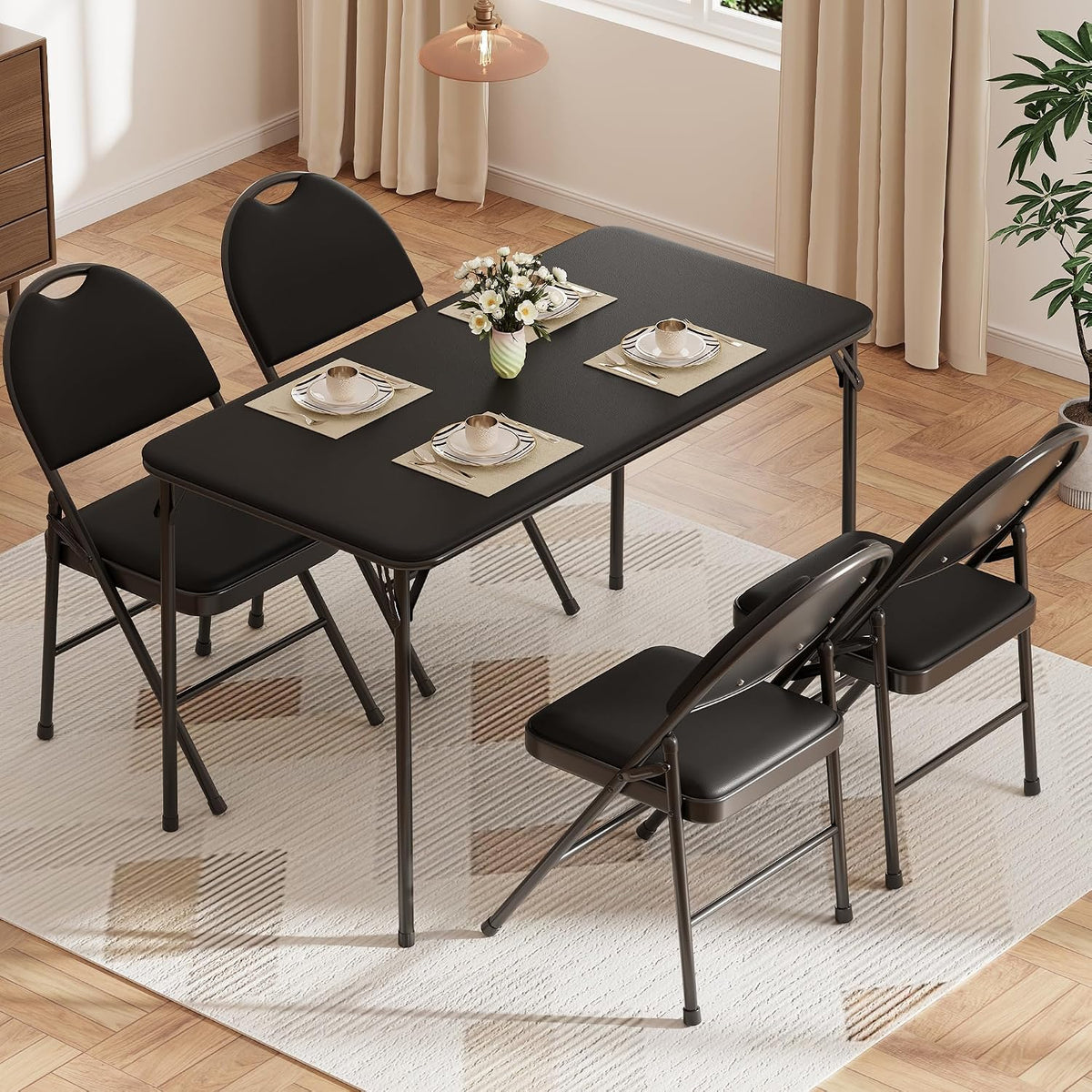IDEALHOUSE 4 Feet Folding Table, Protable Foldable Card Table, Black