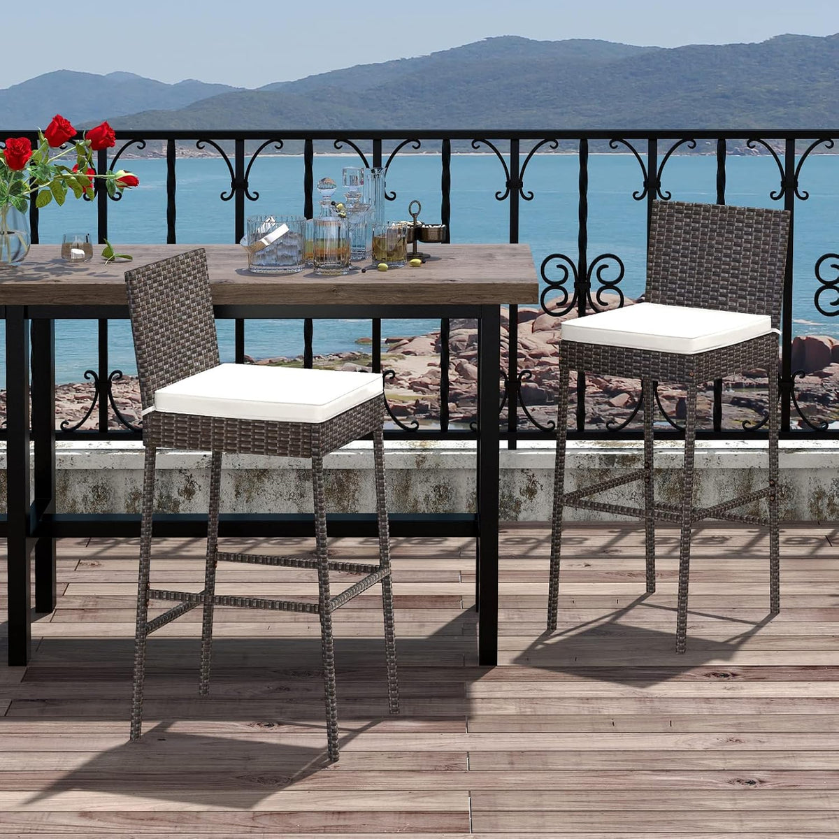 RELAX4LIFE Set of 2 Outdoor Wicker Rattan Patio Bar Stools Mix Brown