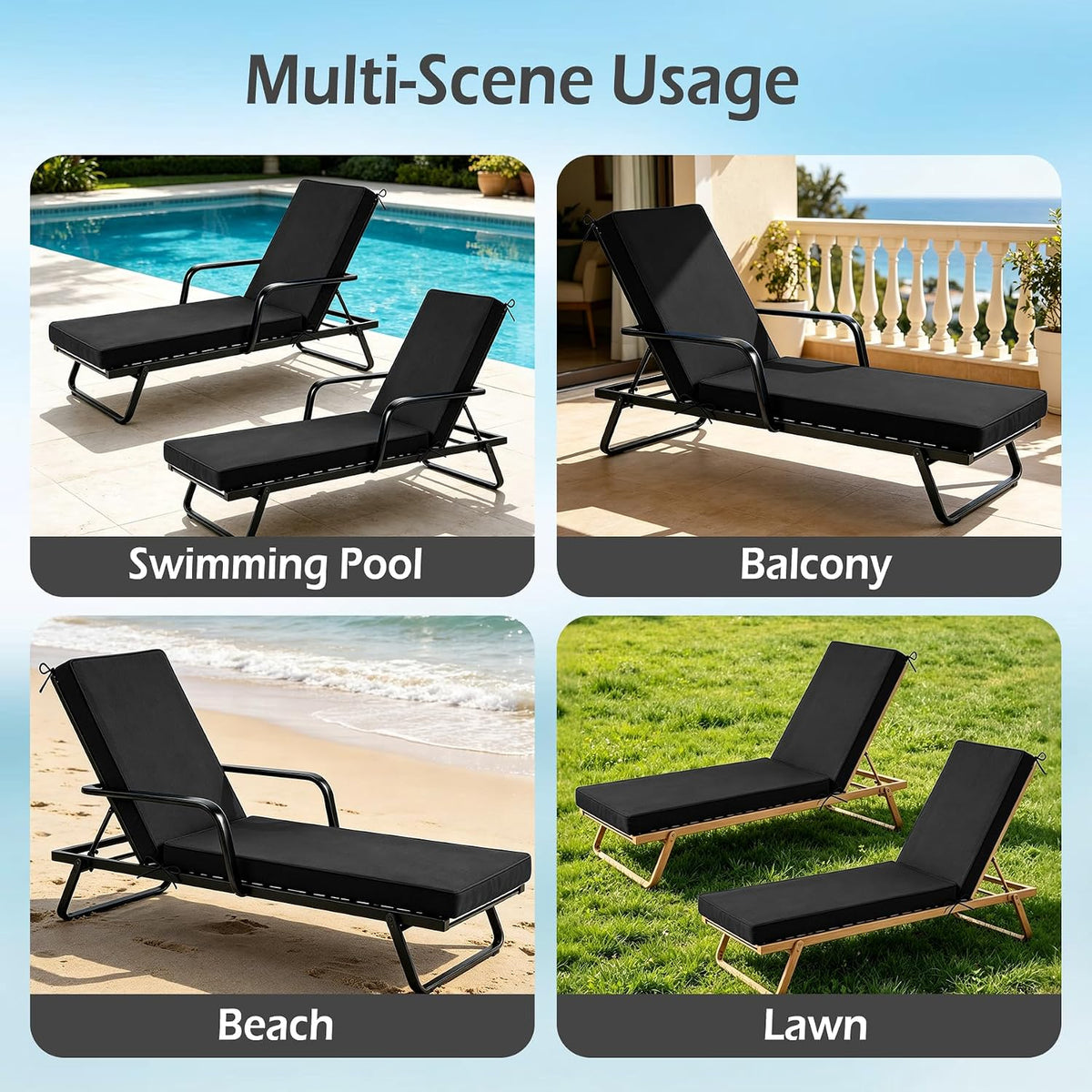 Chaise Lounge Cushions Outdoor, 72"x21"x3", Black