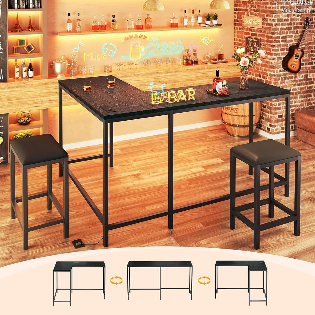 HUAHUU Bar Table and Chairs Set for 2-4, 63'' Convertible L-Shaped Kitchen Table with Power Outlets, 3 Piece Counter Height Small Dining Table with 2 Stools, Space Saving, Breakfast Nook Corner, Black