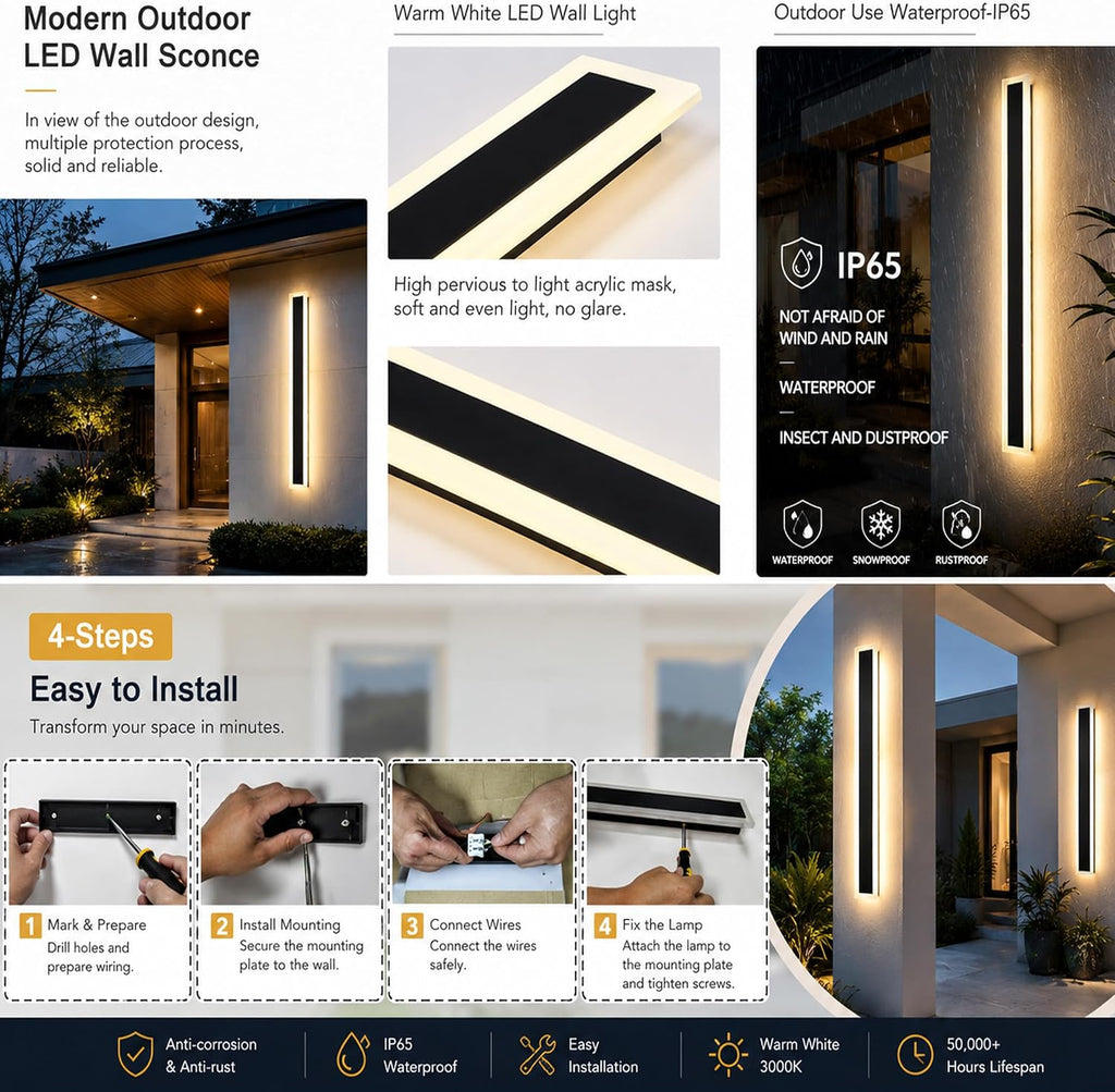 2Pack 31.5inch Long Outdoor LED Wall Light Waterproof IP65 Warm White