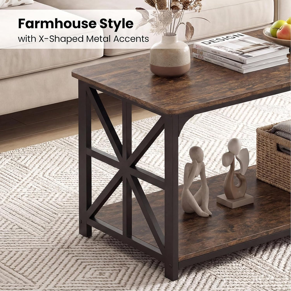 GIANTEX Farmhouse Coffee Table, 43" Center Table with Storage, Rustic Brown