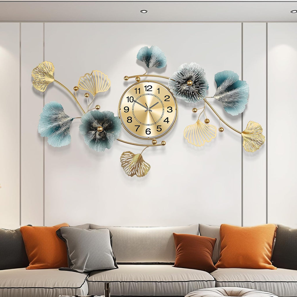 33" 3D Ginkgo Leaf Metal Wall Clock for Home Wall Decor