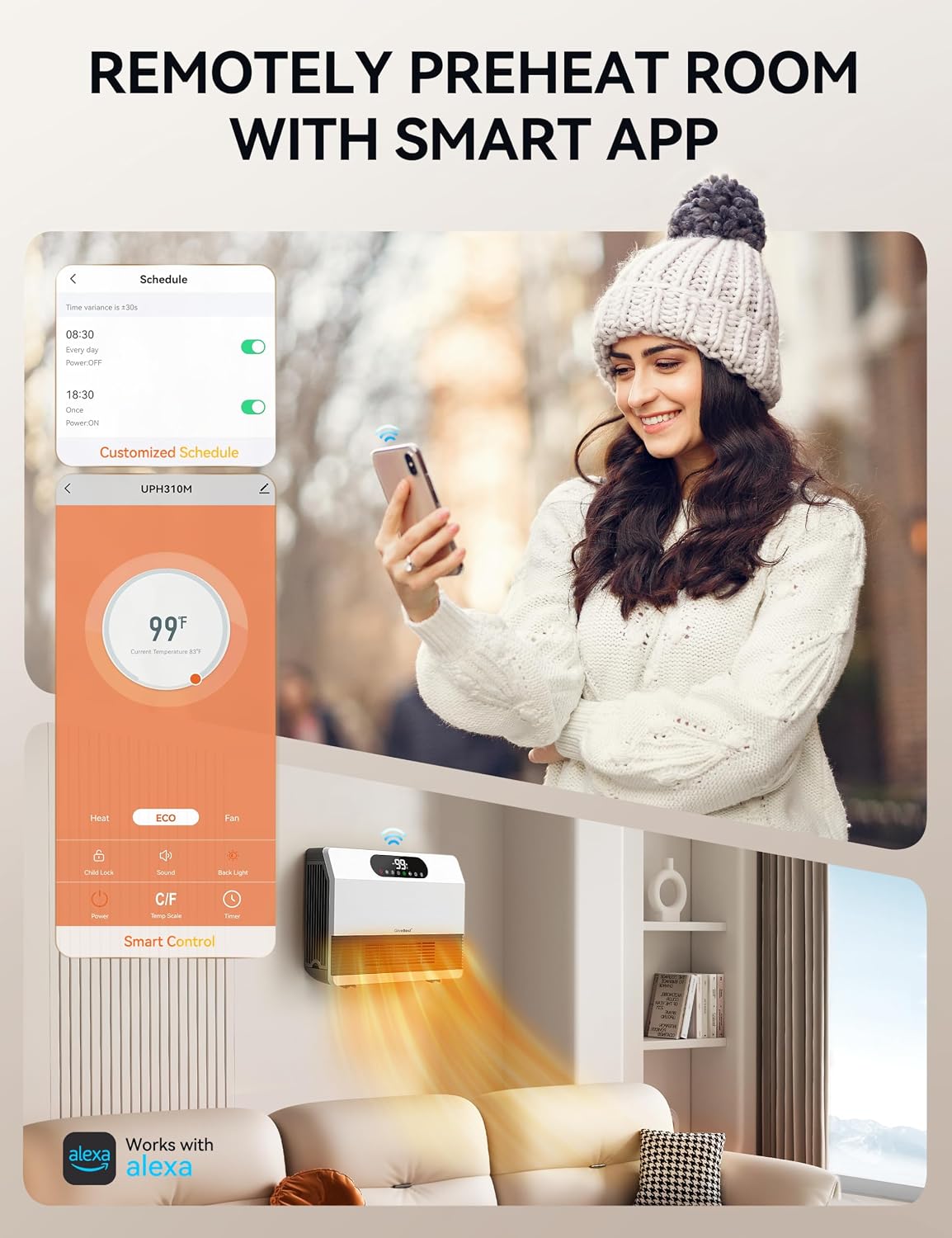 GiveBest Electric Wall Mounted Heater, 1500W Space Heaters for Indoor Use