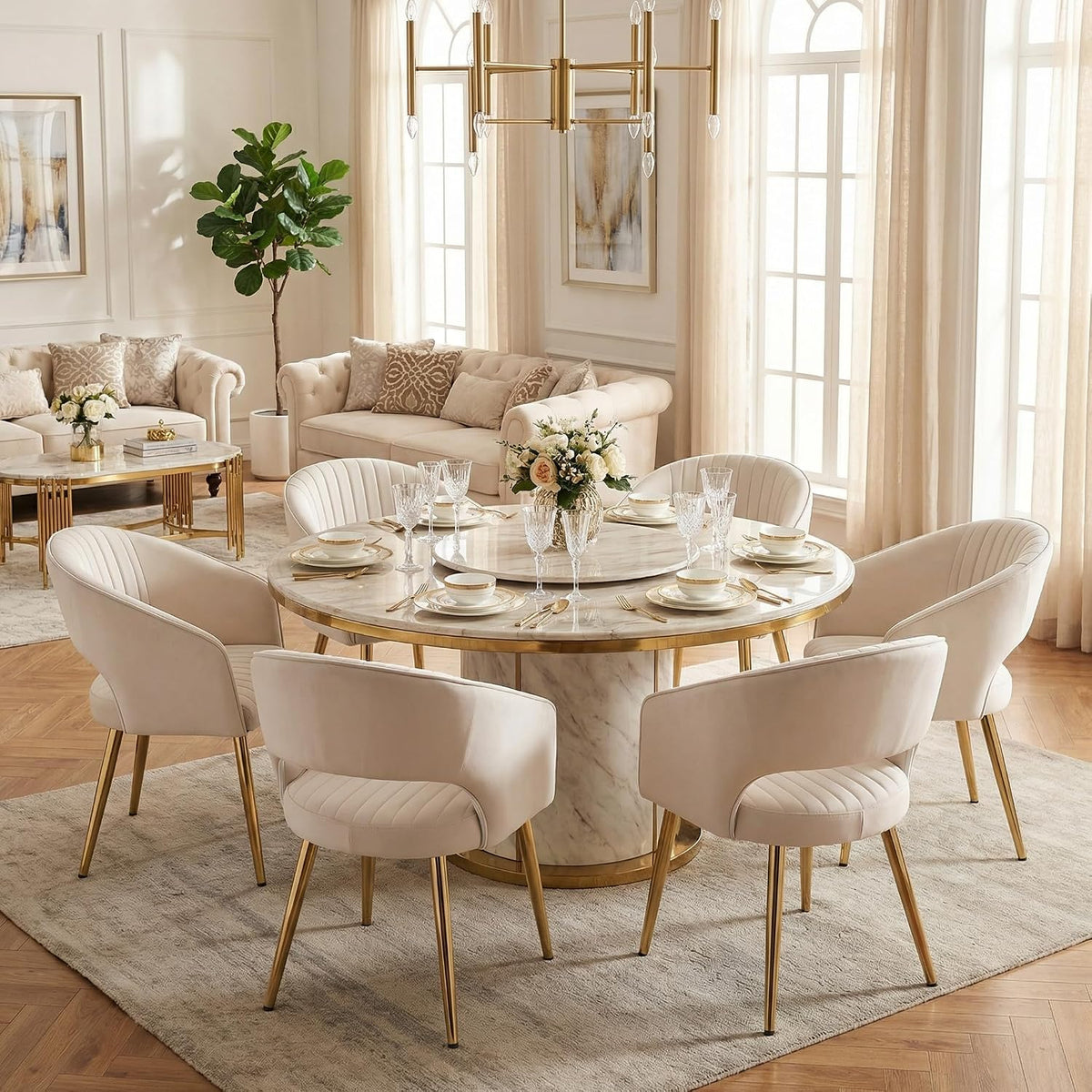 Modern Dining Chairs Set of 8, Upholstered PU Leather Gold Dining Room Chairs with Hollow Back, Accent Armrest Kitchen Chairs with Gold Legs for Living Room Cream