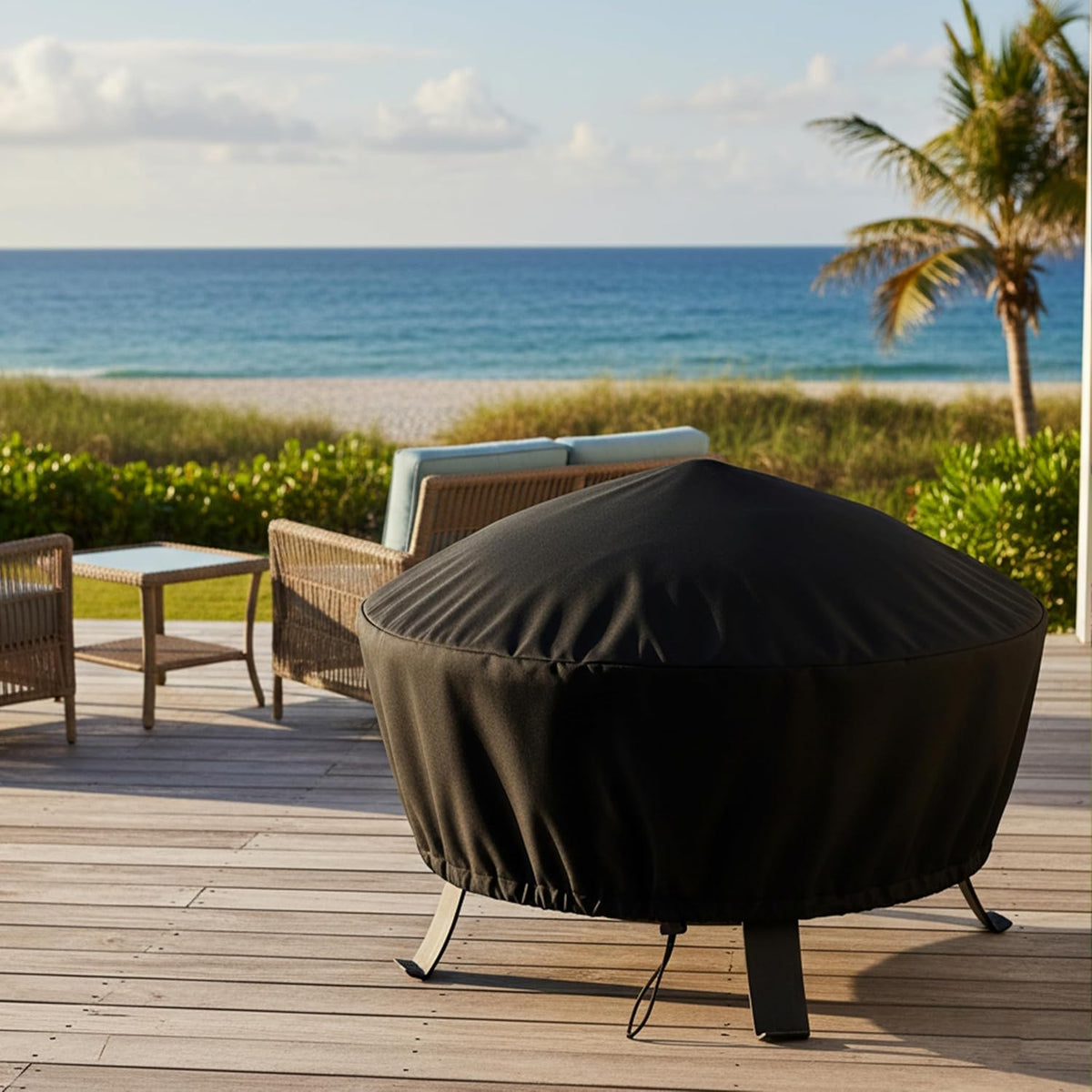 Sunnydaze Heavy Duty Outdoor Fire Pit Cover, Round, Durable PVC, Black, 58"