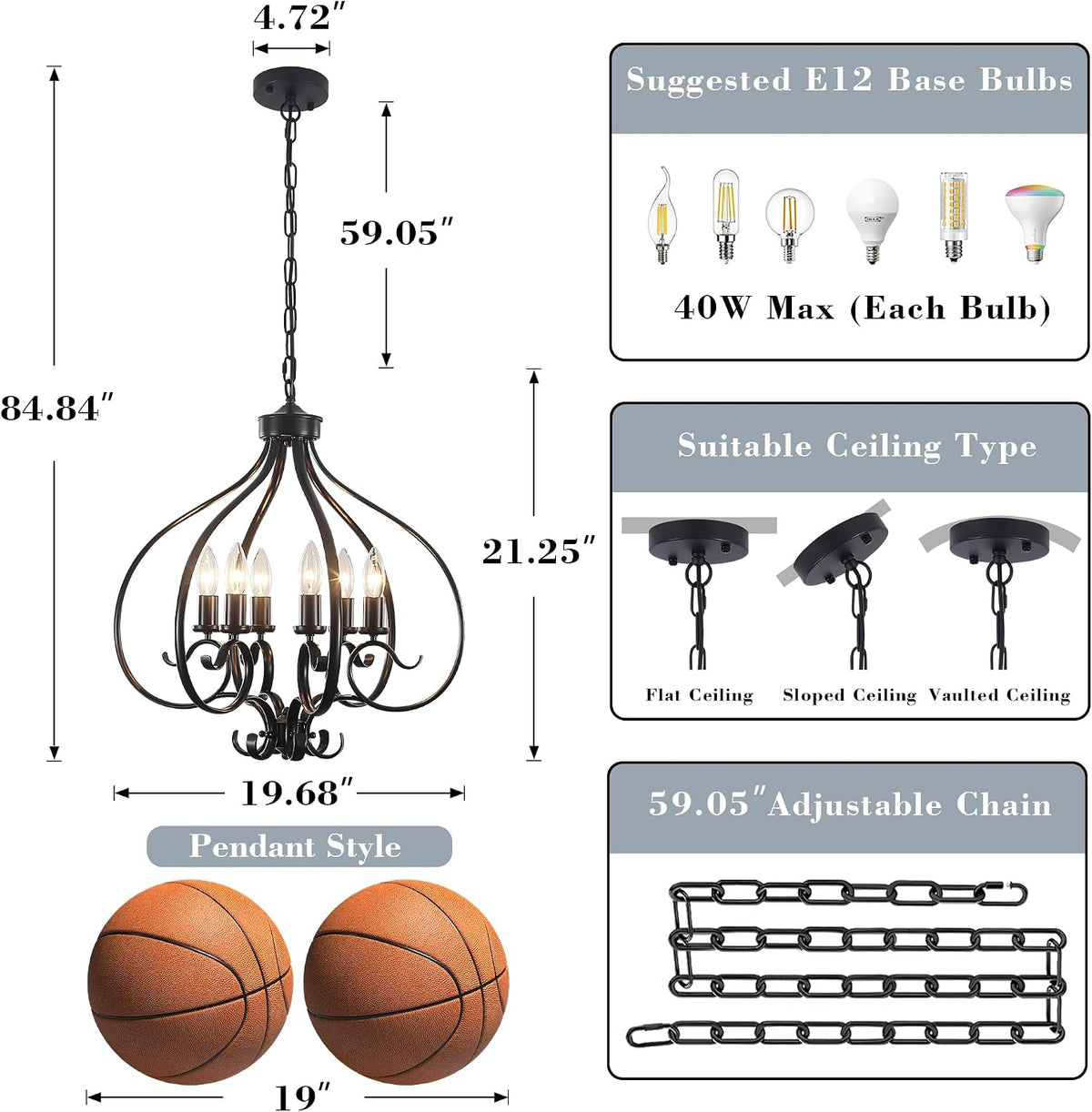 Black Farmhouse Chandelier for Dining Room,19.68",6 Lights,E12