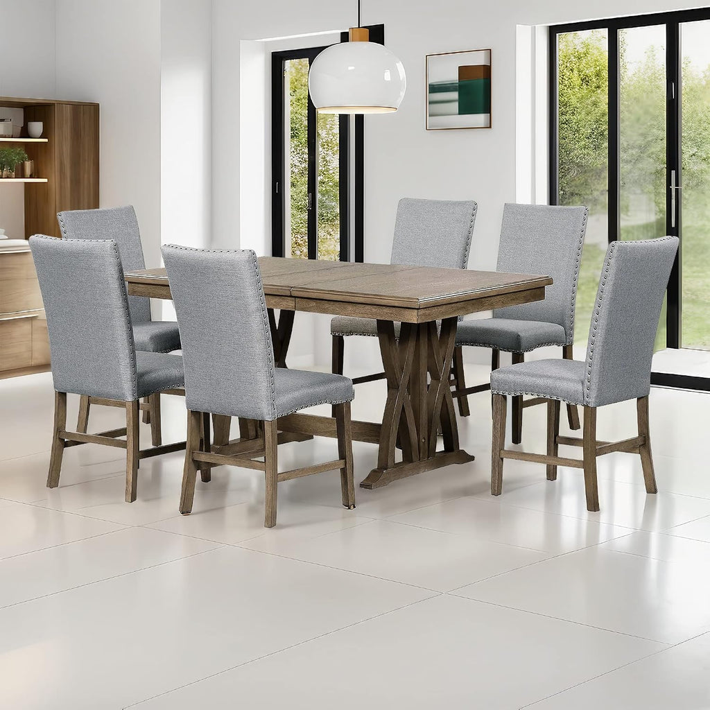 Mid-Century Extendable Dining Table Set for 6, Solid Wood 7-Piece Dining Table Set with 6 Upholstered Chairs and 12" Leaf, Home Breakfast Kitchen Dining Room Set for 6, Retro X Cross Trestle Base