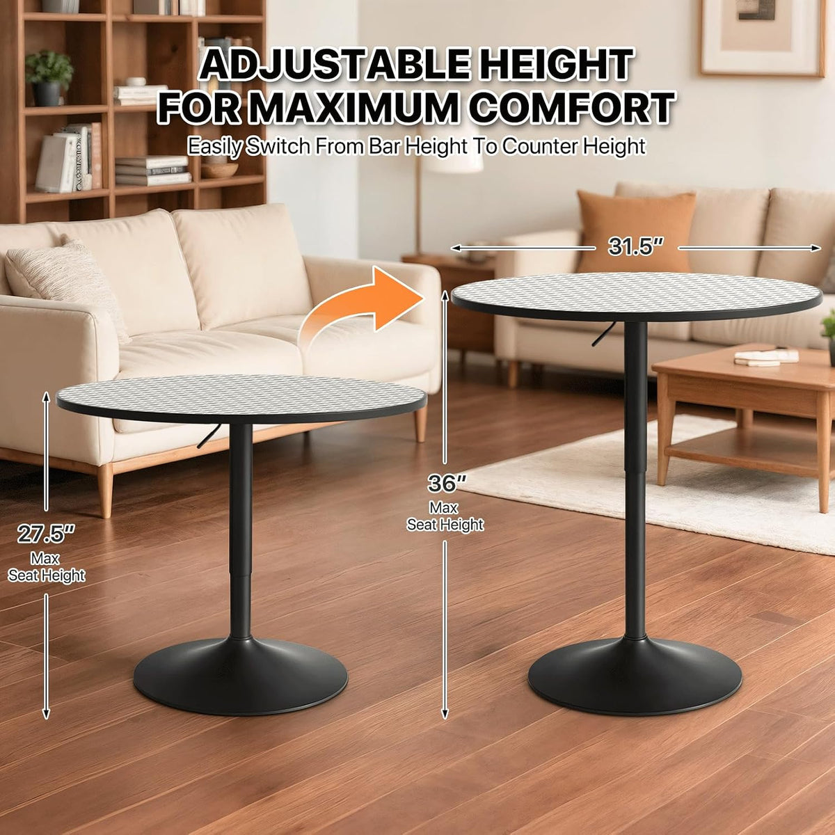 Magshion 31" Round Bar Table Height Adjustable 26"-35" Pub Table with Enlarged Base for Living Room Patio Bistro Café, Silver