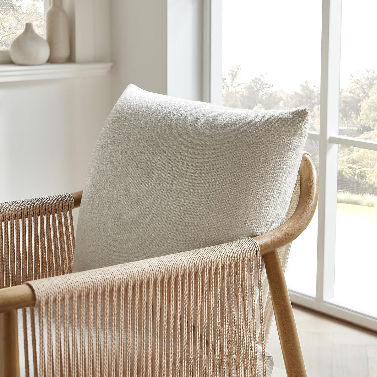 CHITA Braid Accent Chair Set of 2, Wood Frame and Paper-Cord Armrest, Cream