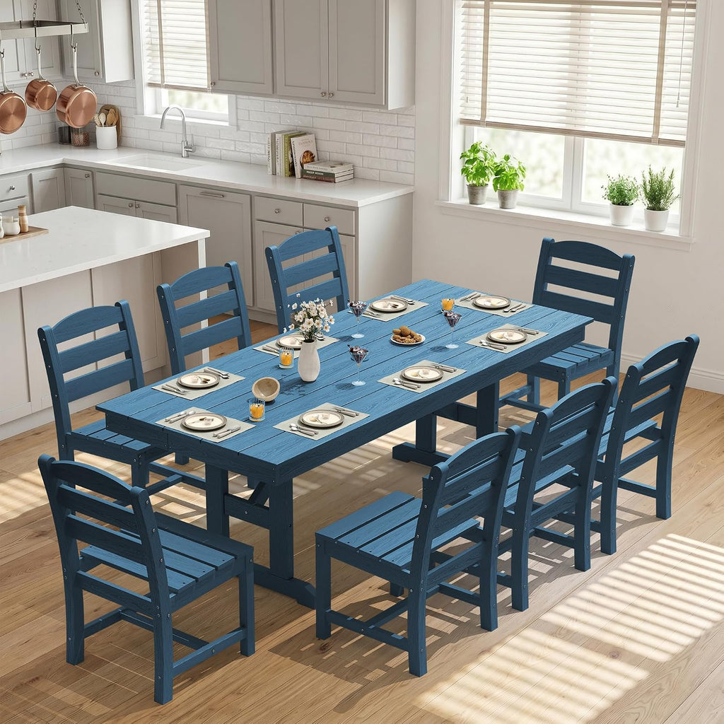 KINGYES Outdoor Dining Set,84'' Table w/Umbrella Hole & Armless Chairs,Blue