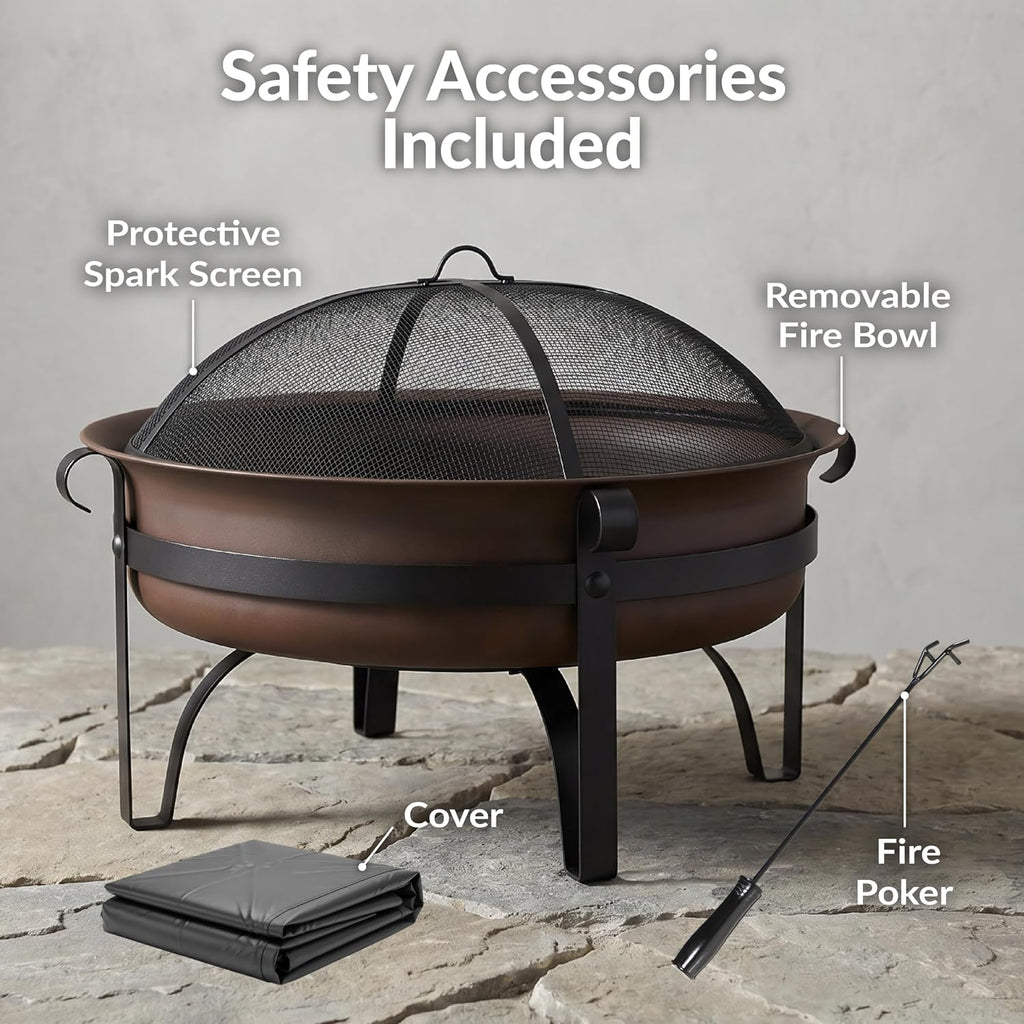 Sunnydaze Round Patio Fire Pit for Outside Wood Burning, Dark Bronze, 34"