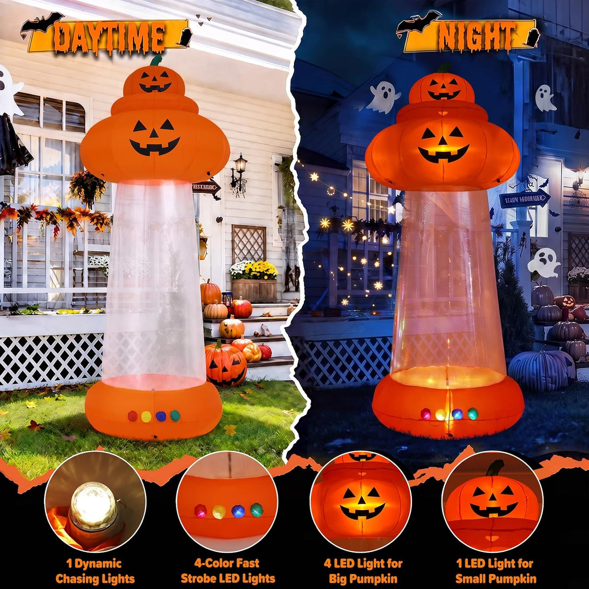 9 FT Halloween Inflatable Pumpkin, UFO Unique Alien Cow Abduction Design