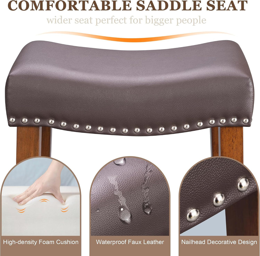 PrimeZone 26 Inch Solid Wood Saddle Backless Bar Stools Set of 2, Brown
