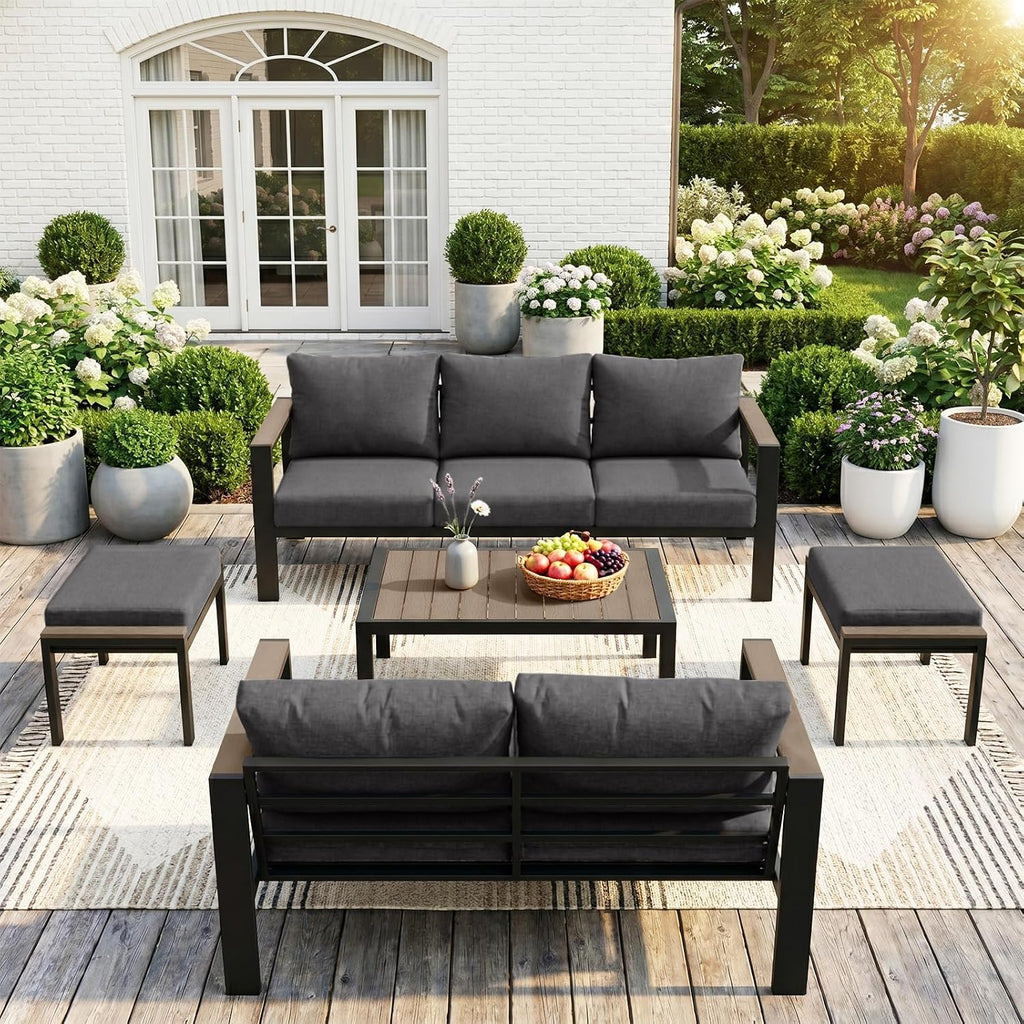 Outdoor Patio Furniture Set 5 Pieces Luxury Aluminum Patio Conversation Set with Coffee Table and 2 Ottoman 7 Seats, Thick Cushions, Large Sectional Sofa for Porch, Balcony, Yard, Dark Gray