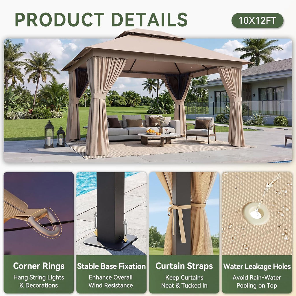 Aoxun 12'x10' Outdoor Gazebo with Curtain & Mosquito Netting, Beige