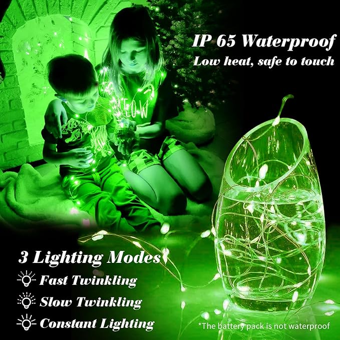 ZGWJ 100 Pack Fairy Lights Battery Operated, 7ft 20 Mini LED Fairy String Lights Silver Wire 3 Modes for DIY, Parties, Wedding, Bedroom, Halloween Christmas Decoration Green