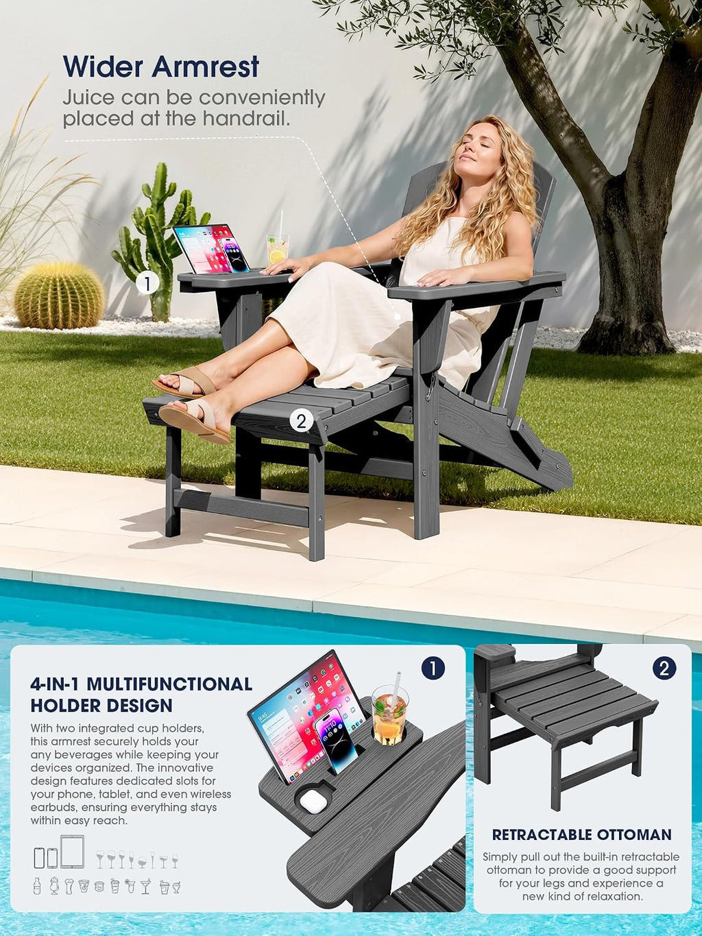 KINGYES Adjustable Folding Adirondack Chair with Footrest & 4-in-1 Multi-Functional Holder, HDPE Recliner Adirondack Chair with Pull-Out Ottoman, Gray