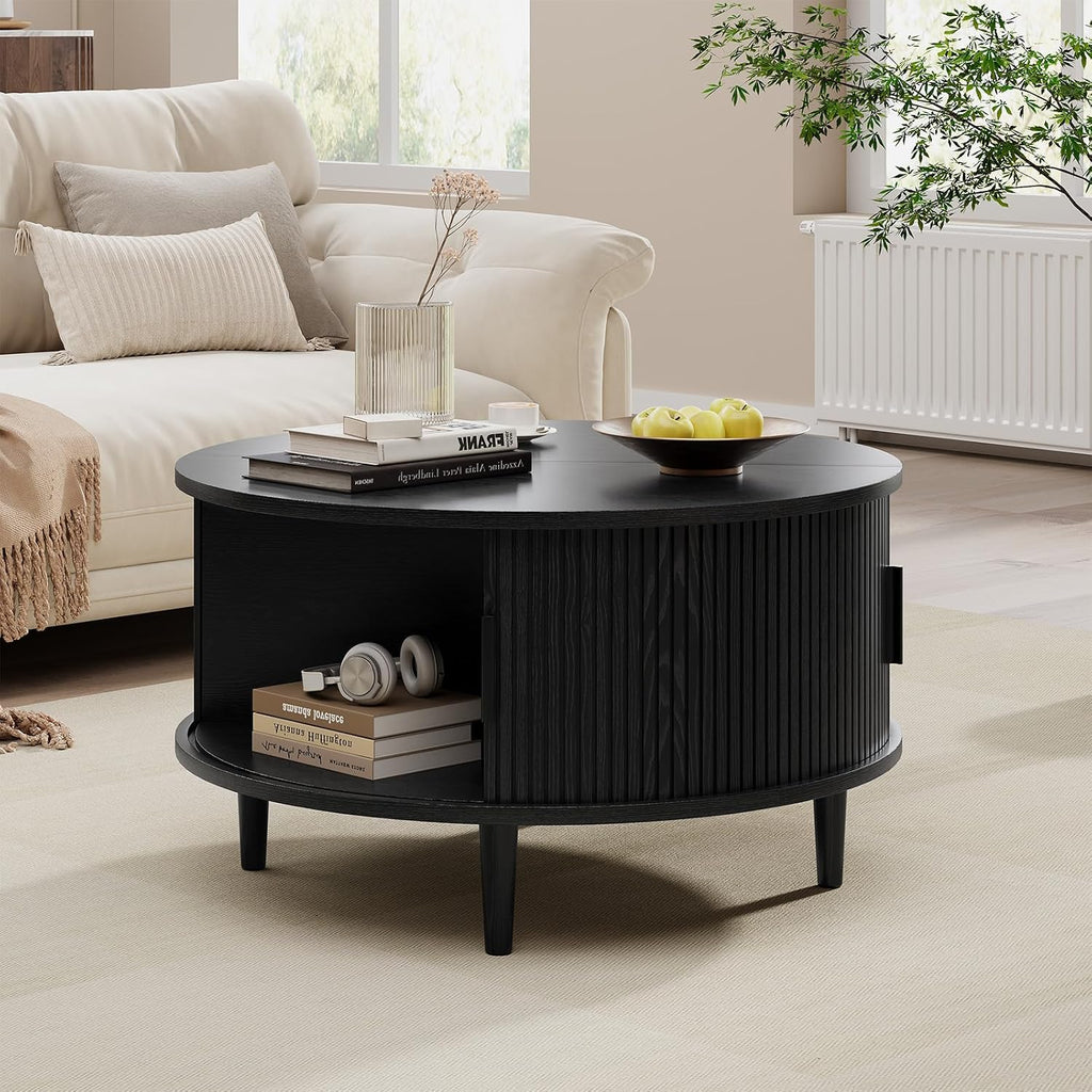 Round Coffee Table with Storage, Mid Century Modern Coffee Table, Fluted Dining Table with Sliding Door, Circle Coffee Table for Living Room Home Office, 31.5", Black