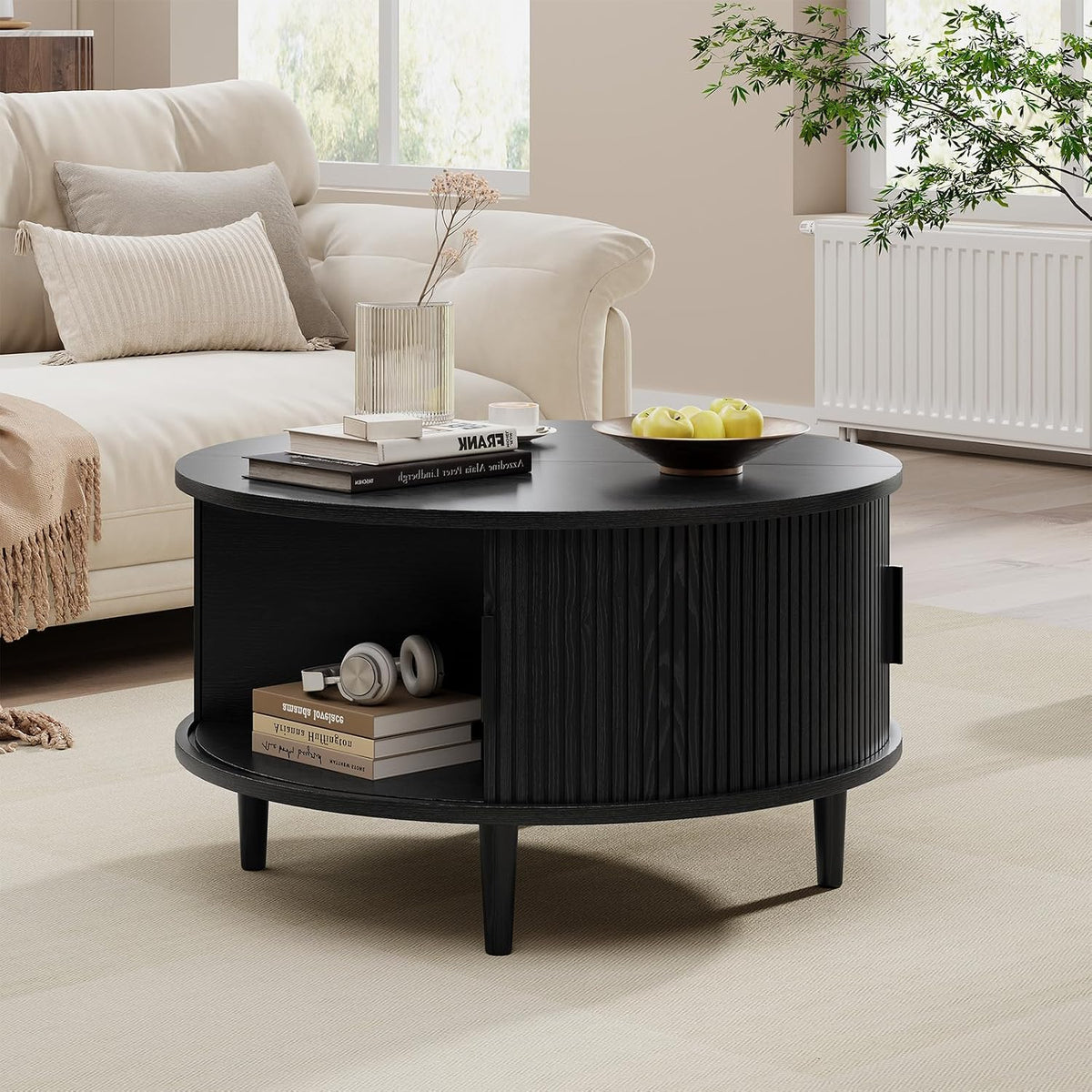 Round Coffee Table with Storage, Mid Century Modern Coffee Table, Fluted Dining Table with Sliding Door, Circle Coffee Table for Living Room Home Office, 31.5", Black