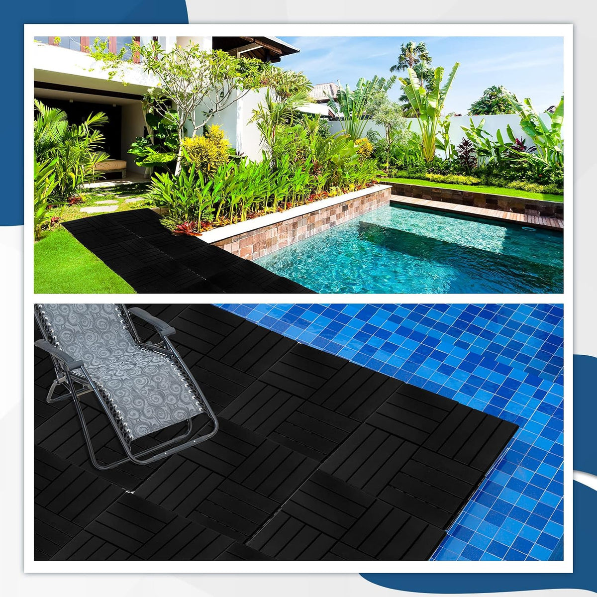 Treela 48 Pcs Plastic Interlocking Patio Deck Tiles 12"x12",Black
