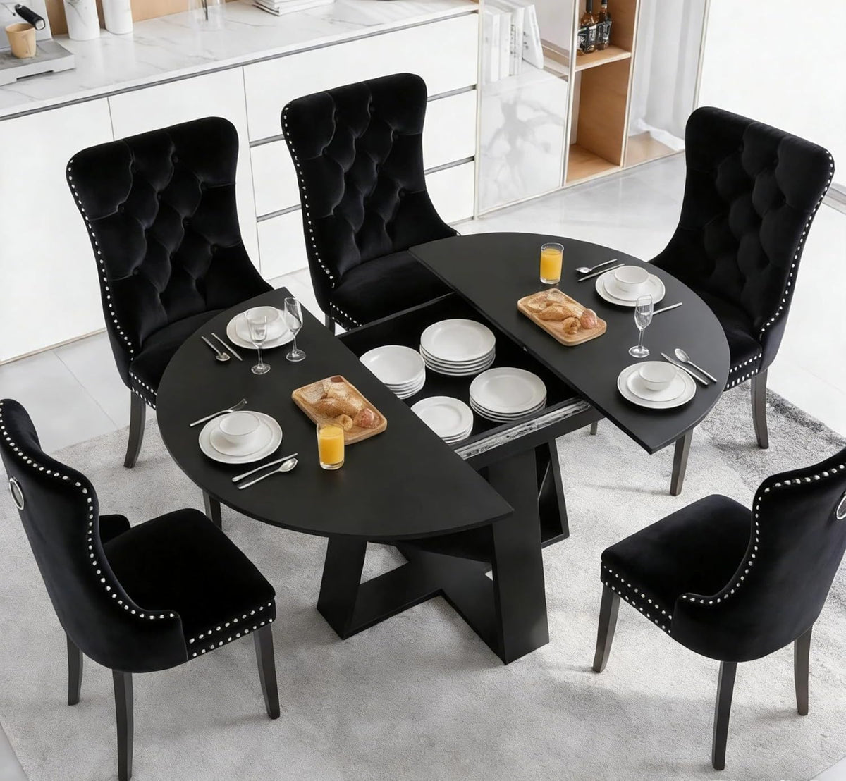 5 Piece Round Extendable Dining Table Set for 4, 43"-59" Black Wood Oval Expanding Kitchen Table with 4 Velvet Tufted Chairs, Space Saving Extendable Dining Room Tables with Storage Shelf