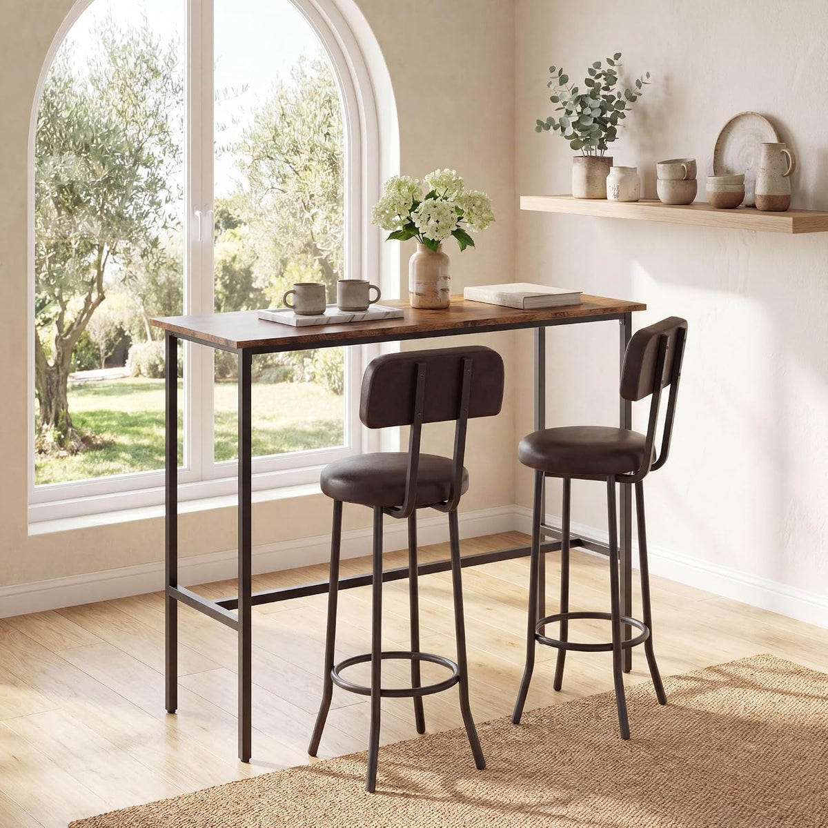GIANTEX 3-Piece Bar Table and Chairs Set, Counter Height Pub Table and 2 Upholstered Stools with Backrest & Footrest, Space-Saving High Top Bistro Table Set for Breakfast Nook, Small Space