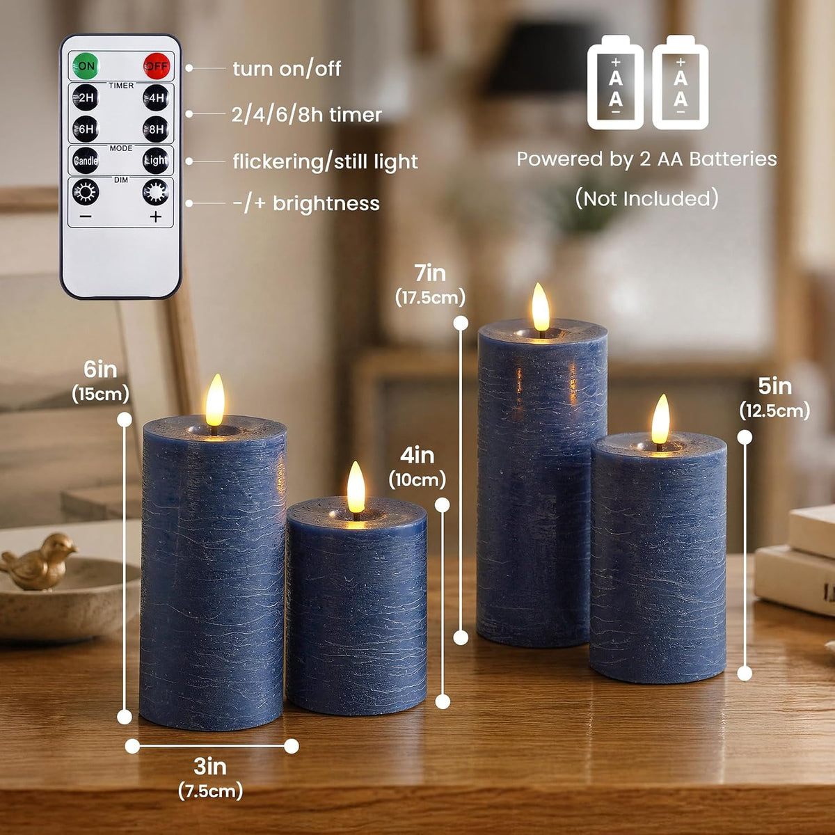 Set of 4 Navy Blue Real Wax Flameless Candles with Remote, Long Lasting Battery Operated LED Pillar 3" x 4" 5" 6" 7" with Timer and Flickering Electric for Home Decor