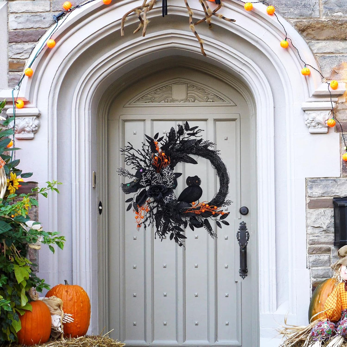 20 in Halloween Owl Wreath, Halloween Garland with Natural Vines and Black Artificial Roses for Door Porch Wall, Outdoor or Indoor Party Home Decor