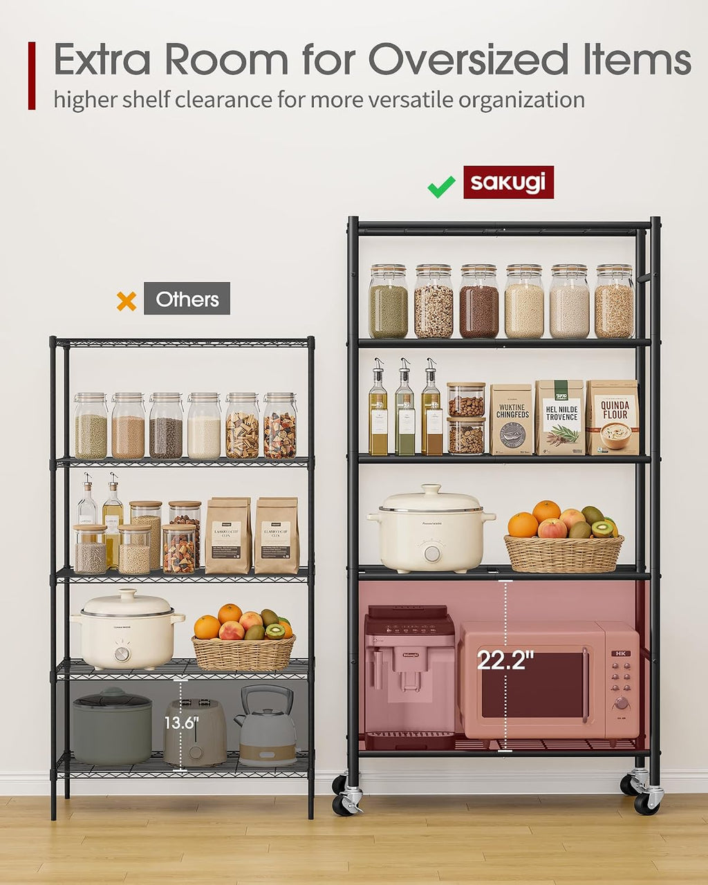 Sakugi 5-Tier Storage Shelves 33.1" x12.6" x73.5" Black with Wheels
