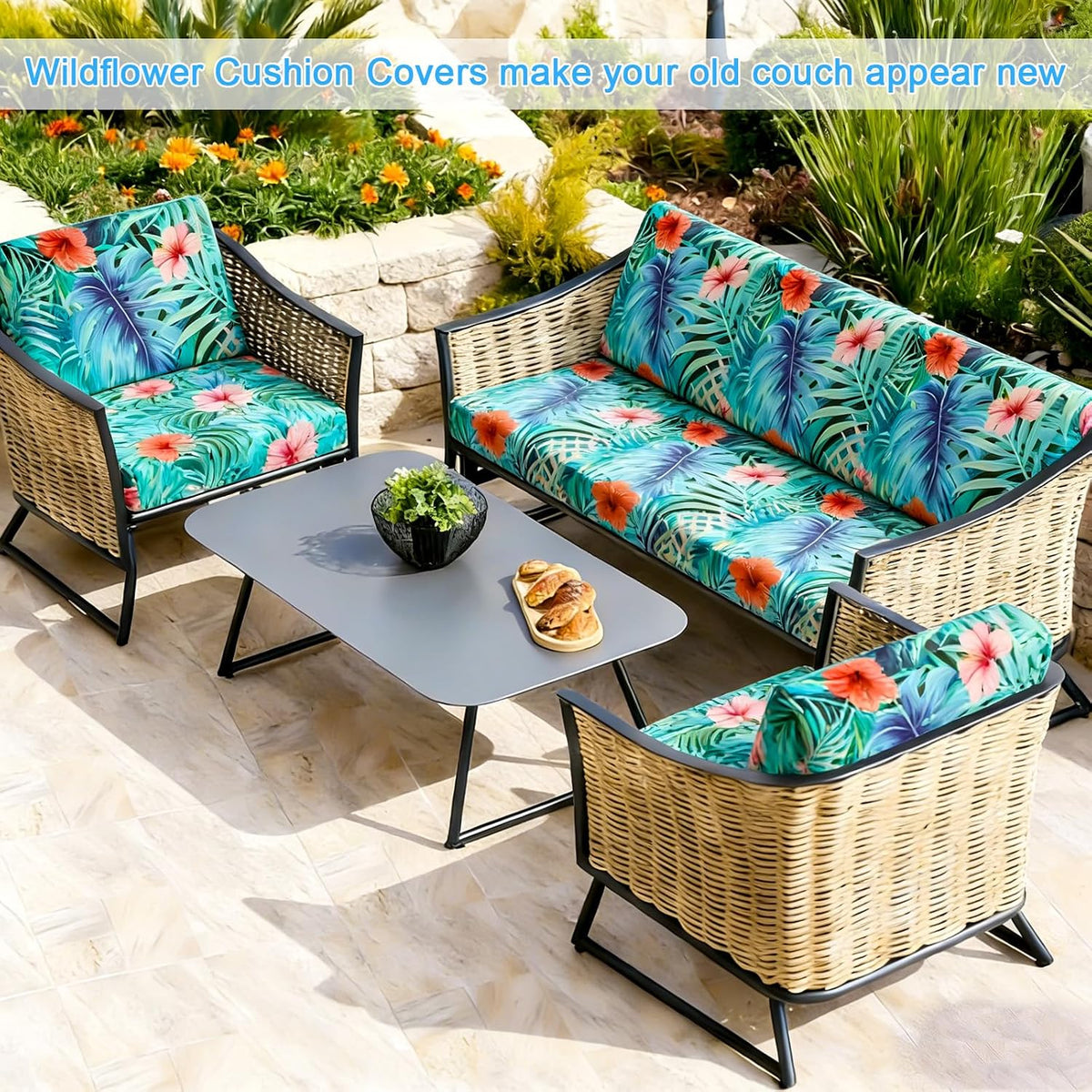 12PCS Summer Tropical Leaves Patio Cushion Covers Palm Leaves Stretch Outdoor Couch Cushion Cover Replacement Outdoor Sofa Slipcovers for Home Patio Furniture Covers Washable Reusable Chairs Protector