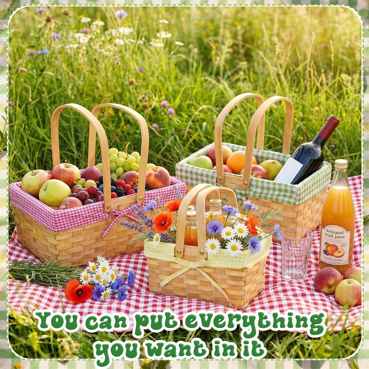 3 Pcs Different Sizes Picnic Basket with Handles Spring Plaid Gingham Checkered Liner Basket Rustic Woven Hamper for Picnic Camping Outdoor Egg Gathering Candy Gift(Pink,Green,Yellow)