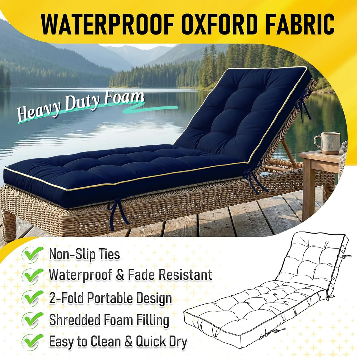 2 Pack 80x26 Inch Folding Chaise Lounge Cushion Quick Dry (Blue)