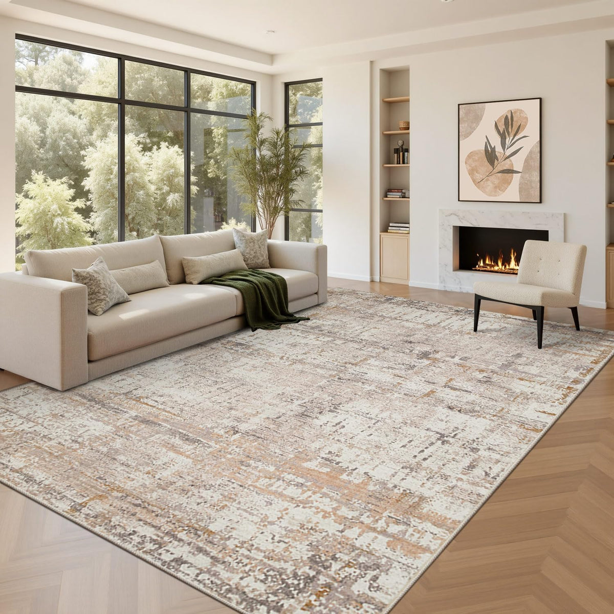 Rugxara 8x10 Beige Abstract Neutral Washable Area Rug for Living Room