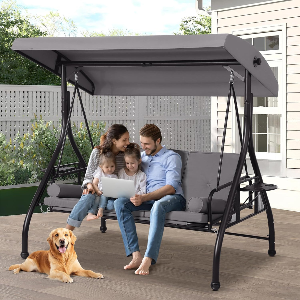 Porch Swings with Adjustable Canopy, 3 Seat Outdoor Swing Bed, Gray