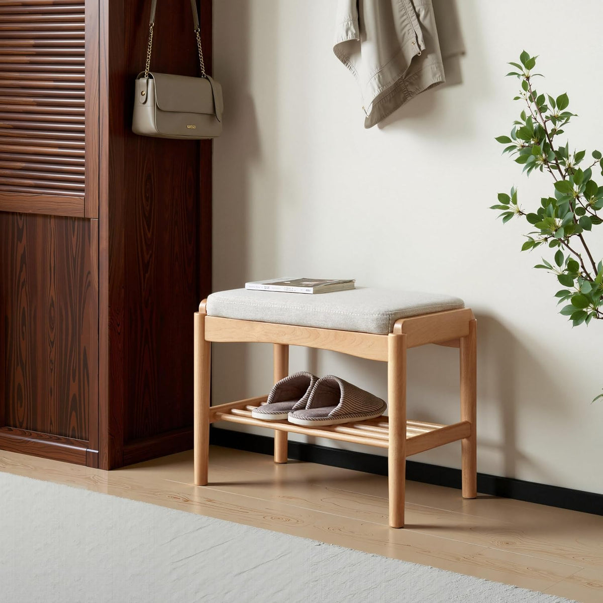 Solid Wood Shoe Bench, Small Entryway Bench with Light Gray Cushion