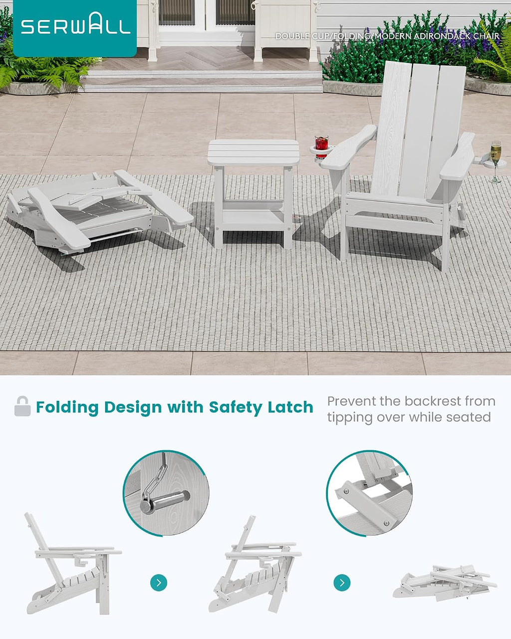 SERWALL Modern Folding Adirondack Chairs Set of 6, HDPE, Cup Holders, White
