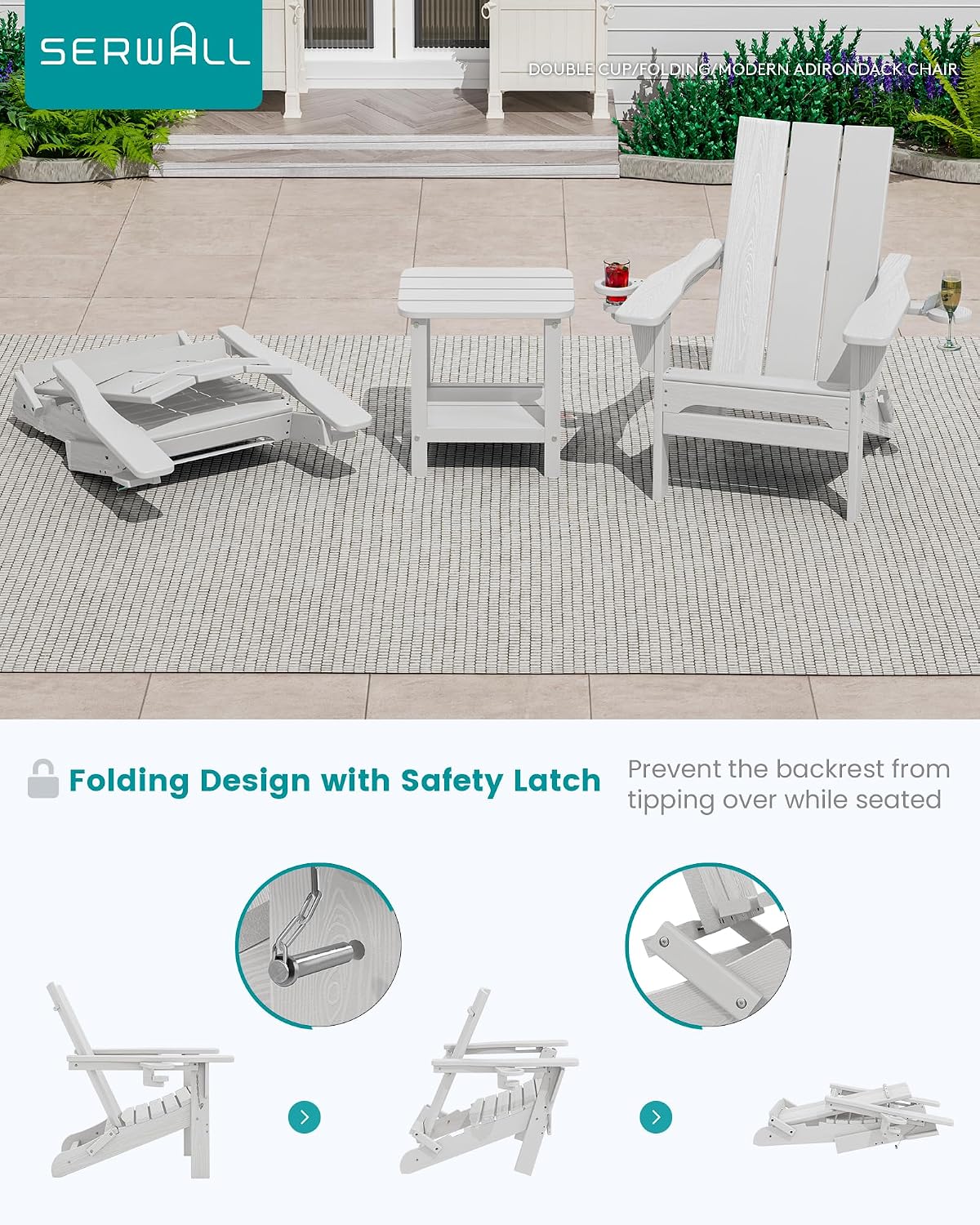 SERWALL Modern Folding Adirondack Chairs Set of 6, HDPE, Cup Holders, White