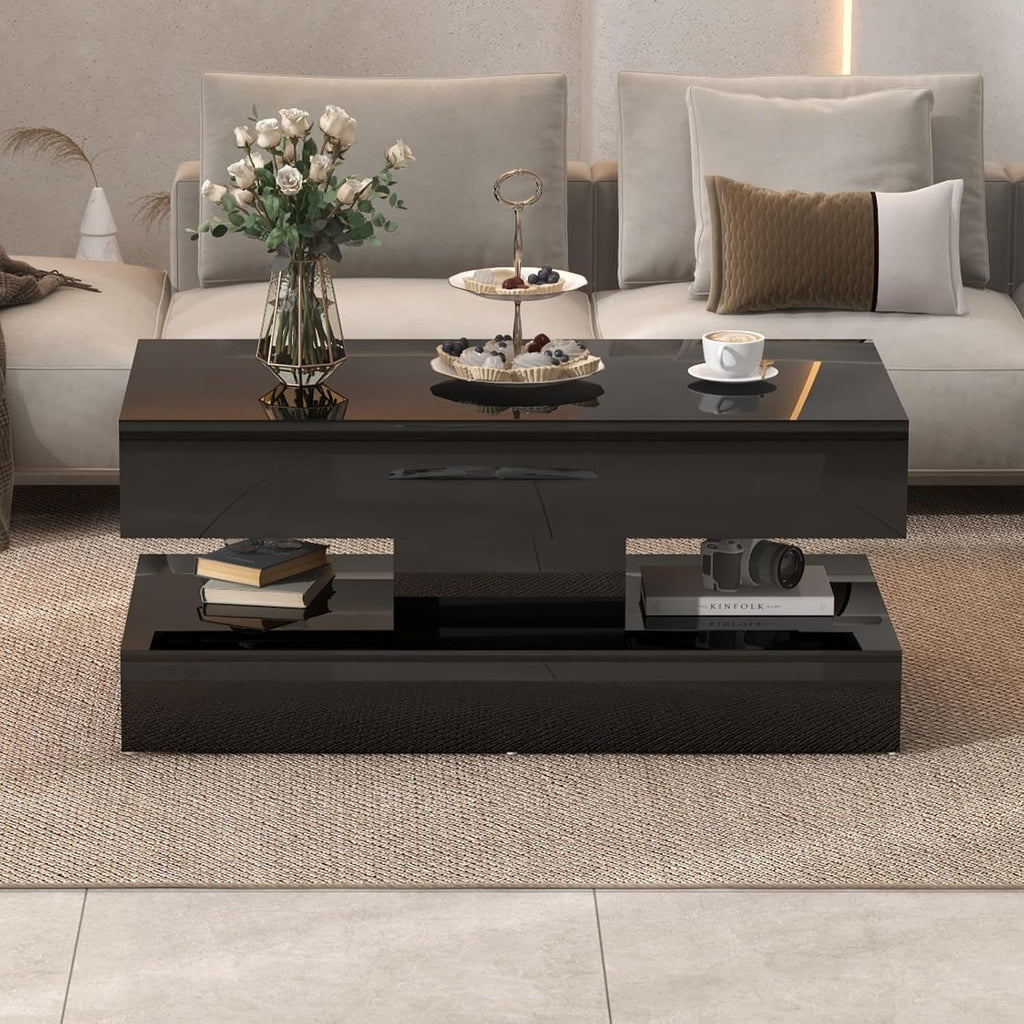 OC Orange-Casual Modern High Gloss LED Coffee Table, 2-Tier Center Table