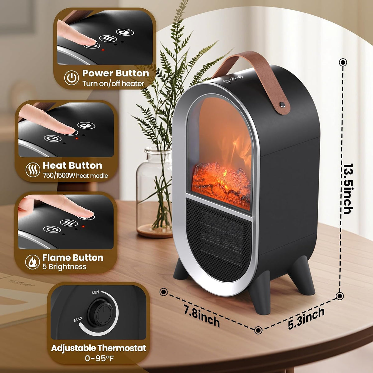 Riseon Portable Electric Fireplace Heater for Home Office, Black